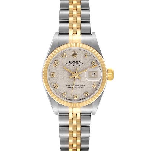 The Rolex Datejust 69173 Women's Steel and Gold (two tone) White Dial 69173 Women's Steel and Gold (two tone) White Dial watch is shown from the front, displaying the dial, bezel, bracelet, and date window.
