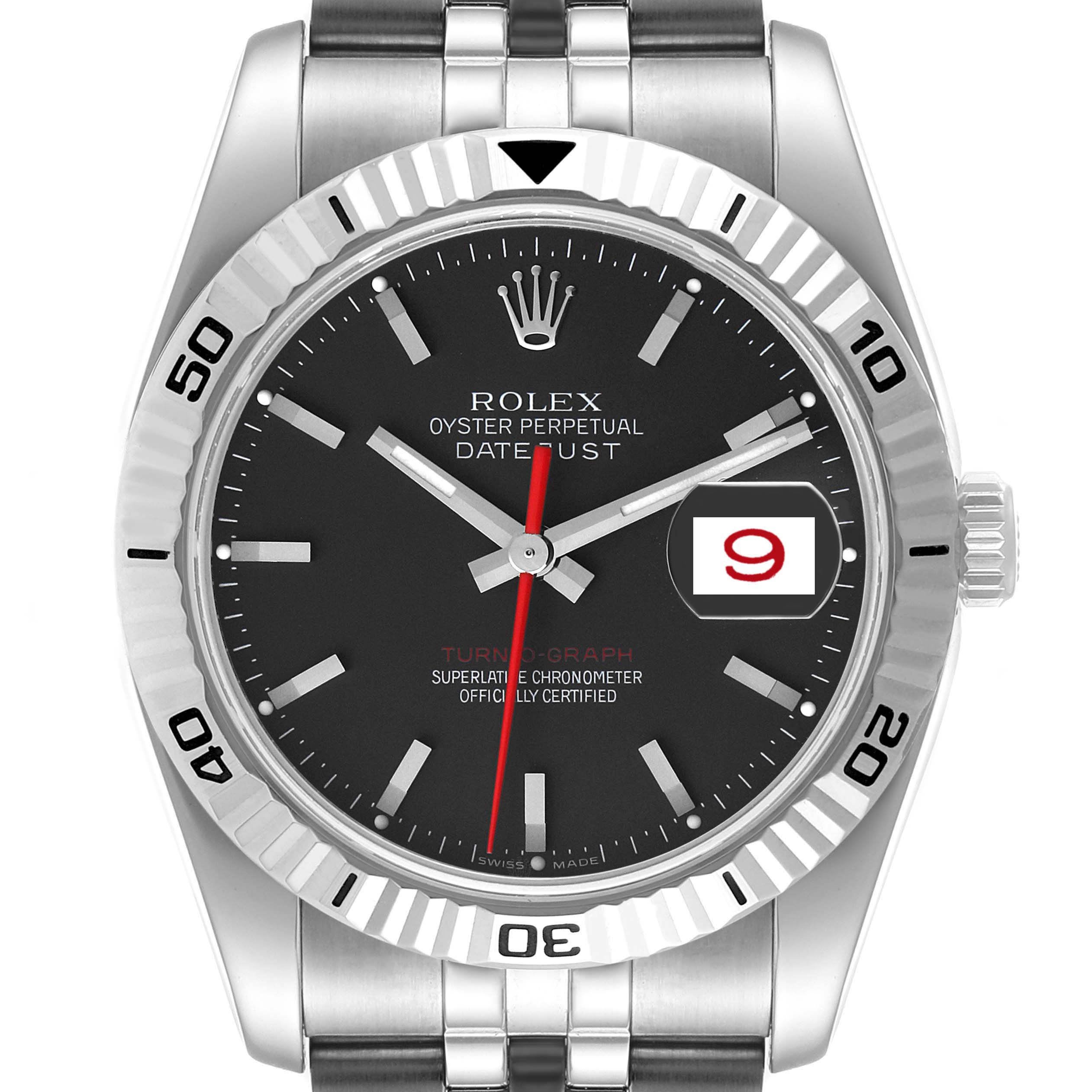This image shows a front view of the Rolex Turn-o-Graph 116264 Men's Stainless Steel Black Dial 116264 Men's Stainless Steel Black Dial watch, highlighting the dial, bezel, and part of the bracelet.