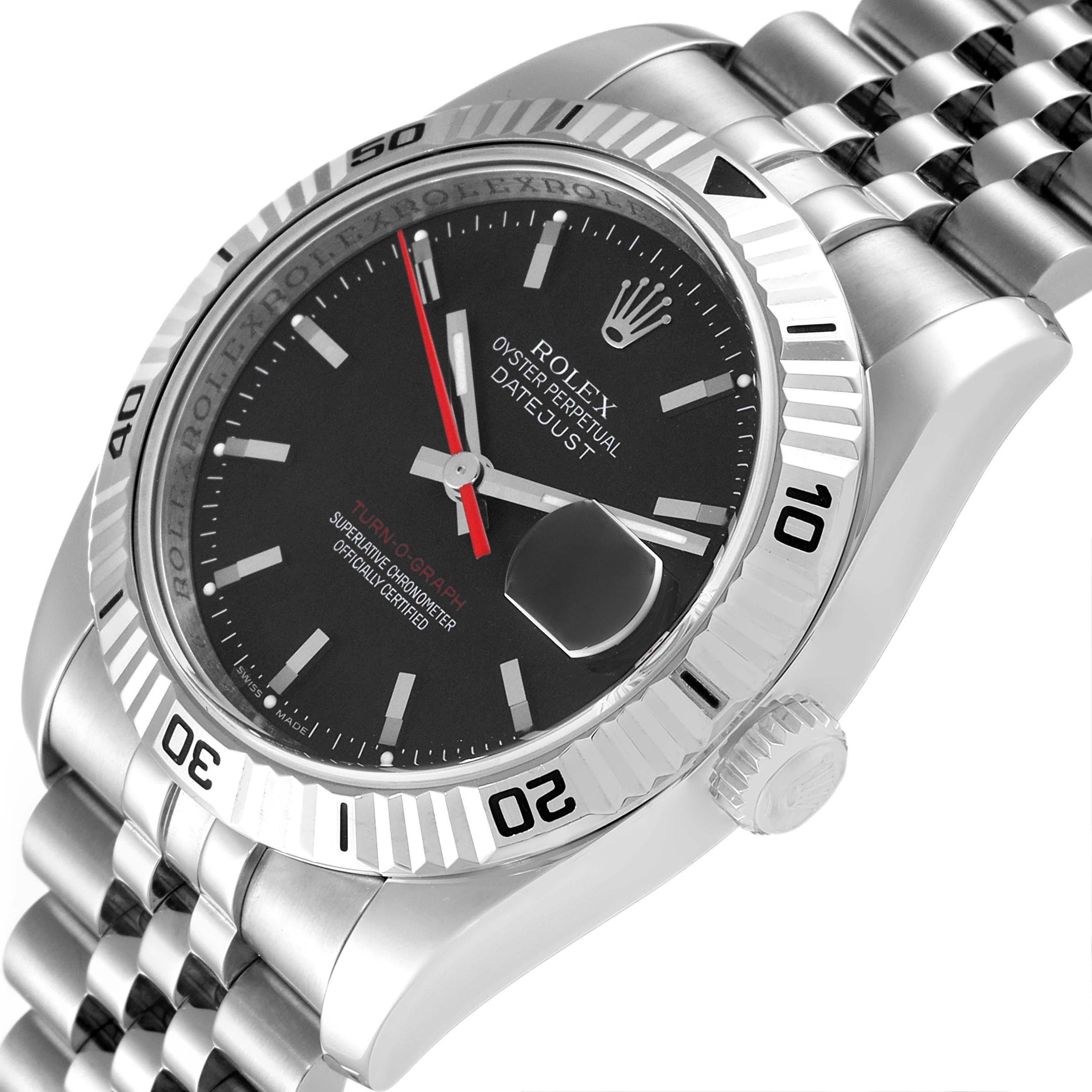 The image shows a Rolex Turn-o-Graph 116264 Men's Stainless Steel Black Dial 116264 Men's Stainless Steel Black Dial watch at a side angle, featuring its bezel, crown, dial, and part of the bracelet.