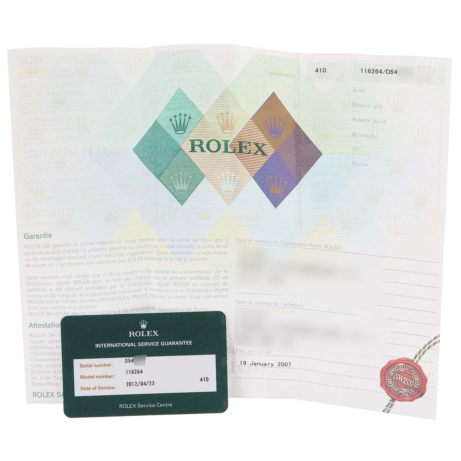The image shows the documentation and service guarantee card for a Rolex Turn-o-Graph 116264 Men's Stainless Steel Black Dial 116264 Men's Stainless Steel Black Dial watch.