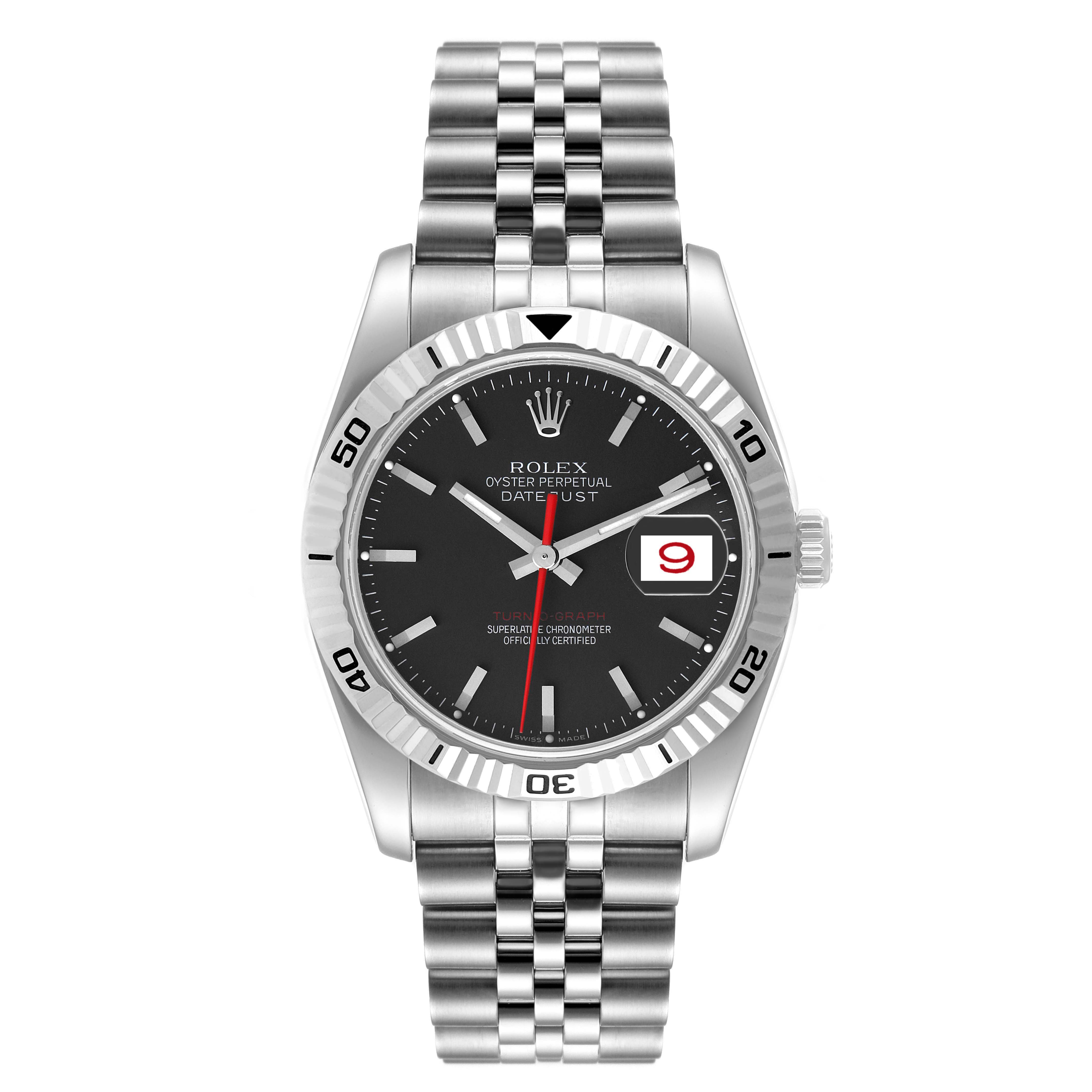 This image shows a front view of a Rolex Turn-o-Graph 116264 Men's Stainless Steel Black Dial 116264 Men's Stainless Steel Black Dial watch displaying the dial, bezel, and bracelet.