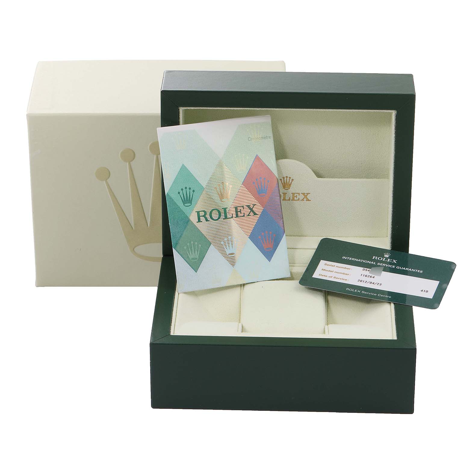 The image shows the open box, warranty card, and booklet for a Rolex Turn-o-Graph 116264 Men's Stainless Steel Black Dial 116264 Men's Stainless Steel Black Dial watch.