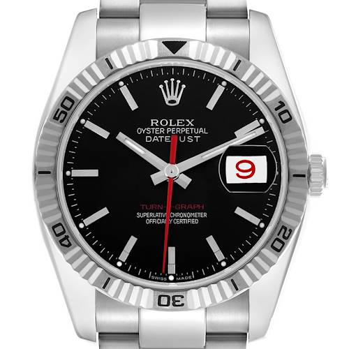 The Rolex Turn-o-Graph 116264 Men's Stainless Steel Black Dial 116264 Men's Stainless Steel Black Dial watch is shown from a frontal angle, highlighting the dial, bezel, and part of the bracelet.
