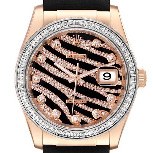 The image shows a frontal view of a Rolex President 116185 Men's Rose Gold Black Dial 116185 Men's Rose Gold Black Dial model watch, highlighting the detailed face, bezel, and part of the strap.