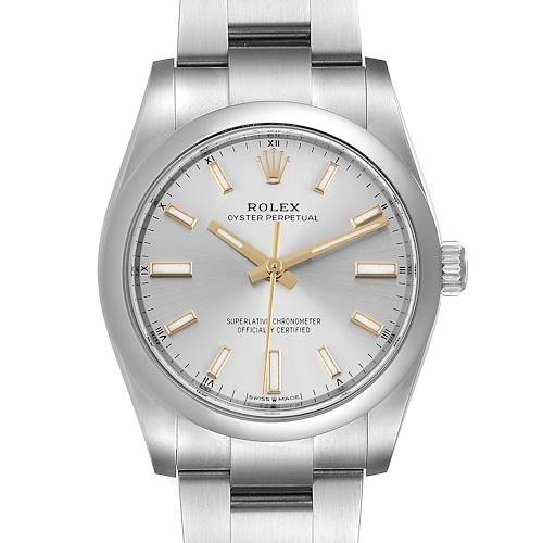 This image shows a front view of the dial, bezel, and part of the bracelet of a Rolex Date 124200 Men's Stainless Steel Silver Dial 124200 Men's Stainless Steel Silver Dial model watch.