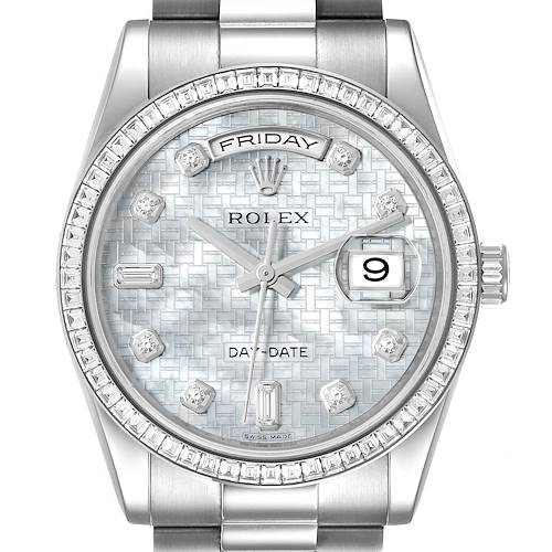 This image shows a front view of a Rolex President 118399 Men's White Gold Mother of Pearl Dial 118399 Men's White Gold Mother of Pearl Dial model watch, highlighting the dial, bezel, and bracelet.