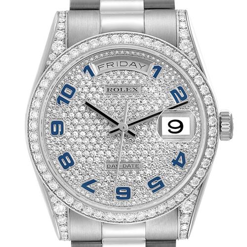 The Rolex President 118389 Men's White Gold White Dial 118389 Men's White Gold White Dial model is shown from the front, highlighting the diamond-encrusted dial and bezel with day and date features.