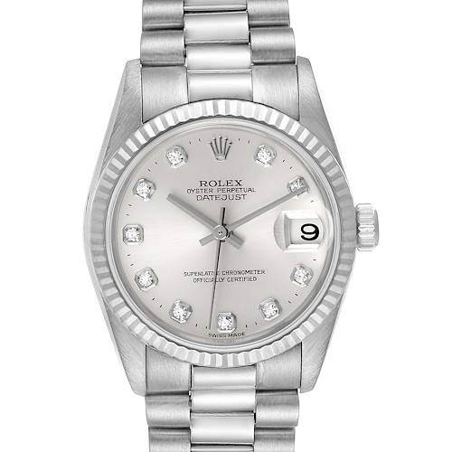 The close-up image shows the dial, bezel, and bracelet of the Rolex President 78279 Women's White Gold Silver Dial 78279 Women's White Gold Silver Dial Datejust watch.