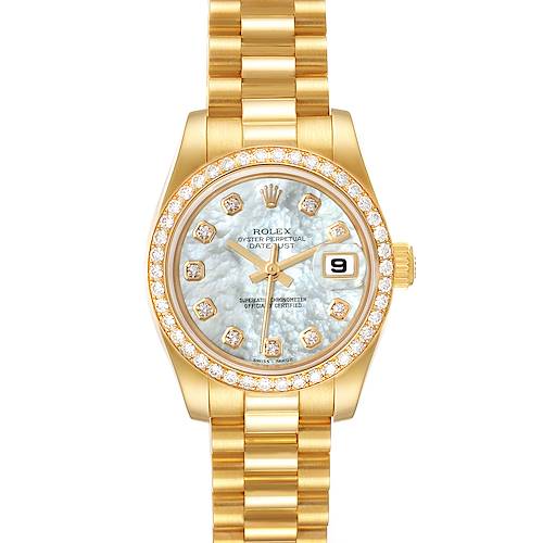 The image shows a front view of the Rolex President 179138 Women's Yellow Gold Mother of Pearl Dial 179138 Women's Yellow Gold Mother of Pearl Dial model watch, highlighting the face, bezel, and bracelet.