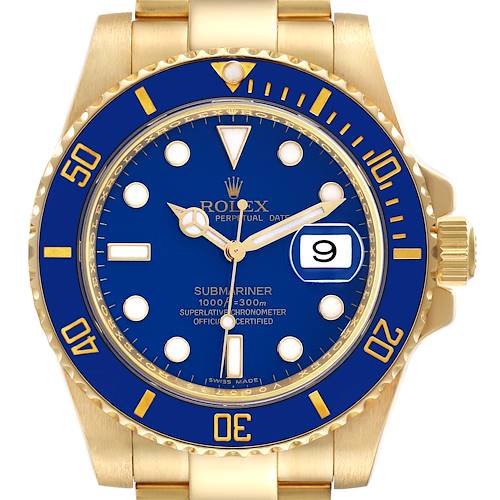 This image shows a frontal view of a Rolex Submariner 116618 Men's Yellow Gold Blue Dial 116618 Men's Yellow Gold Blue Dial watch, highlighting its blue dial, date window, and golden bracelet.