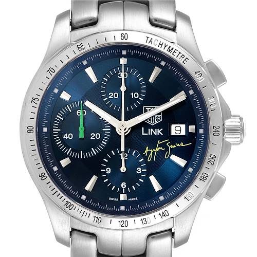 The image shows a front view of the Tag Heuer Link model watch, focusing on its face, bezel, and part of the bracelet.