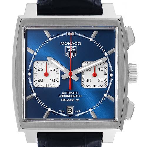 This image shows a front view of a Tag Heuer Monaco CAW2111 Men's Stainless Steel Blue Dial CAW2111 Men's Stainless Steel Blue Dial watch, highlighting the blue face, subdials, crown, and strap.