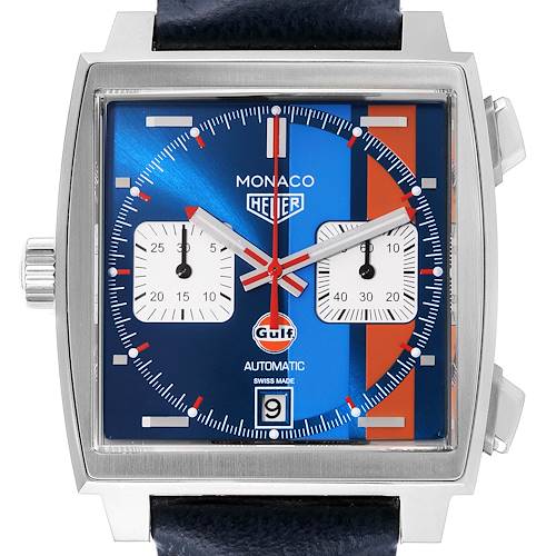 The image displays a front view of the Tag Heuer Monaco CAW211R.FC6401 Men's Stainless Steel Blue Dial CAW211R.FC6401 Men's Stainless Steel Blue Dial watch, showing the dial, crown, and pushers.