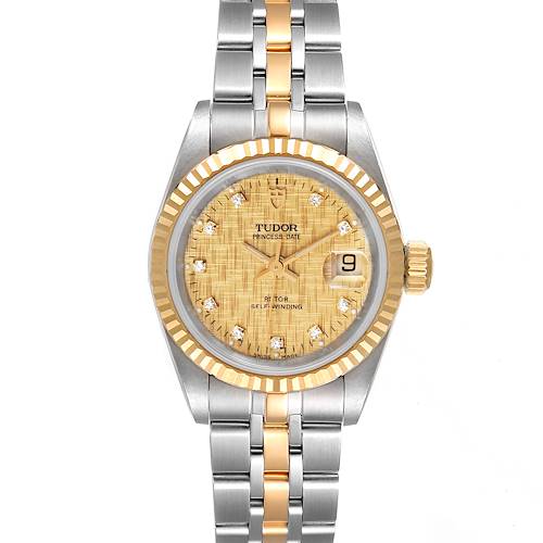 The Tudor Princess 92413 Women's Steel and Gold (two tone) Champagne Dial 92413 Women's Steel and Gold (two tone) Champagne Dial model watch is shown from the front, highlighting the dial, bezel, and bracelet.