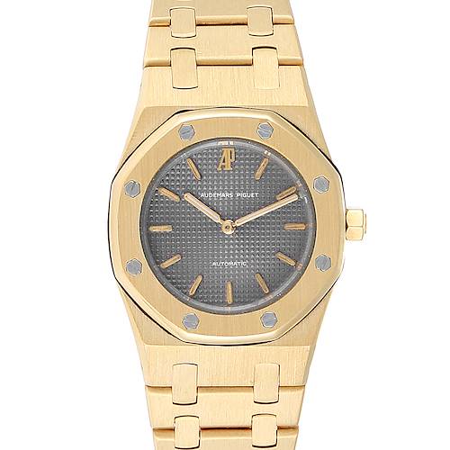 This image shows a front view of the Audemars Piguet Royal Oak  Women's Yellow Gold Grey Dial  Women's Yellow Gold Grey Dial watch, highlighting the dial, bezel, and bracelet.