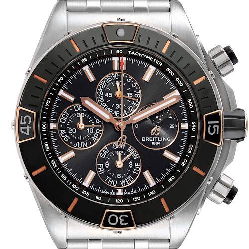 The image shows a frontal view of the Breitling Chronomat I19320 Men's Stainless Steel Black Dial I19320 Men's Stainless Steel Black Dial watch, highlighting its face, bezel, and pushers.