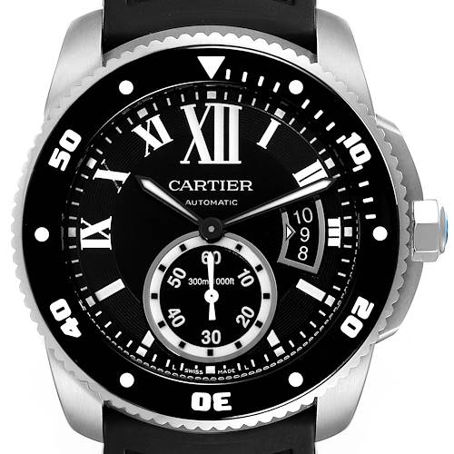 The image shows a frontal view of the Calibre de Cartier model by Cartier, highlighting its dial and bezel details.