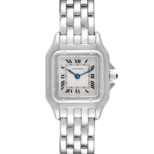 This image shows the Cartier Panthere W25016F3 Women's White Gold Silver Dial W25016F3 Women's White Gold Silver Dial watch from a top-down angle, highlighting its face, bracelet, and crown.