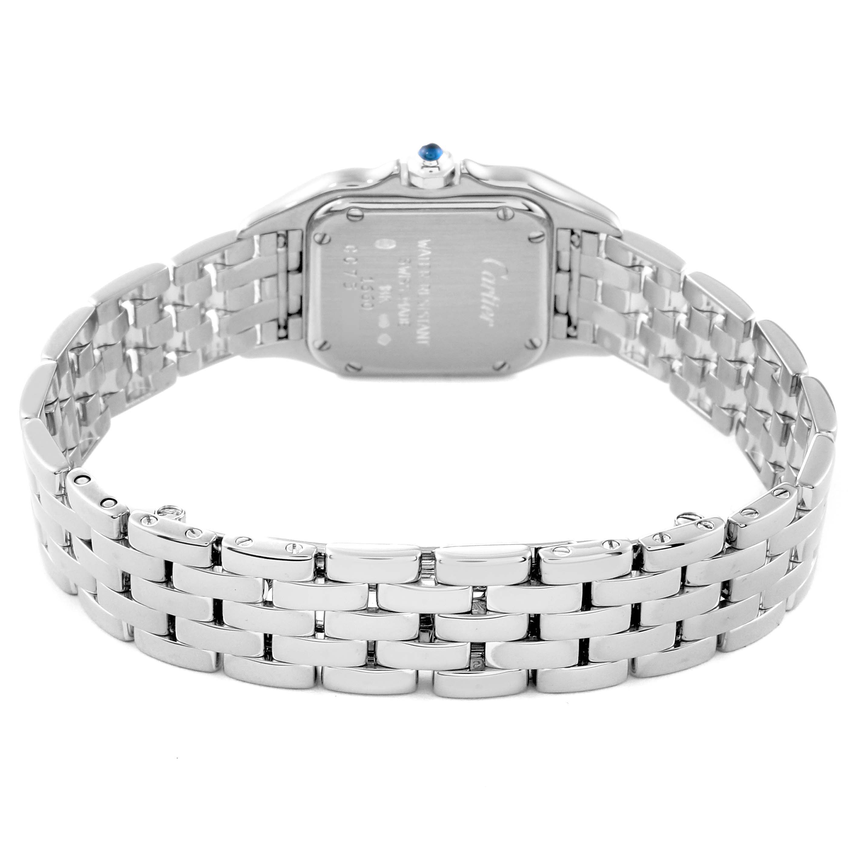 The image shows the back view of the Cartier Panthere W25016F3 Women's White Gold Silver Dial W25016F3 Women's White Gold Silver Dial watch, highlighting its case back and stainless steel bracelet.