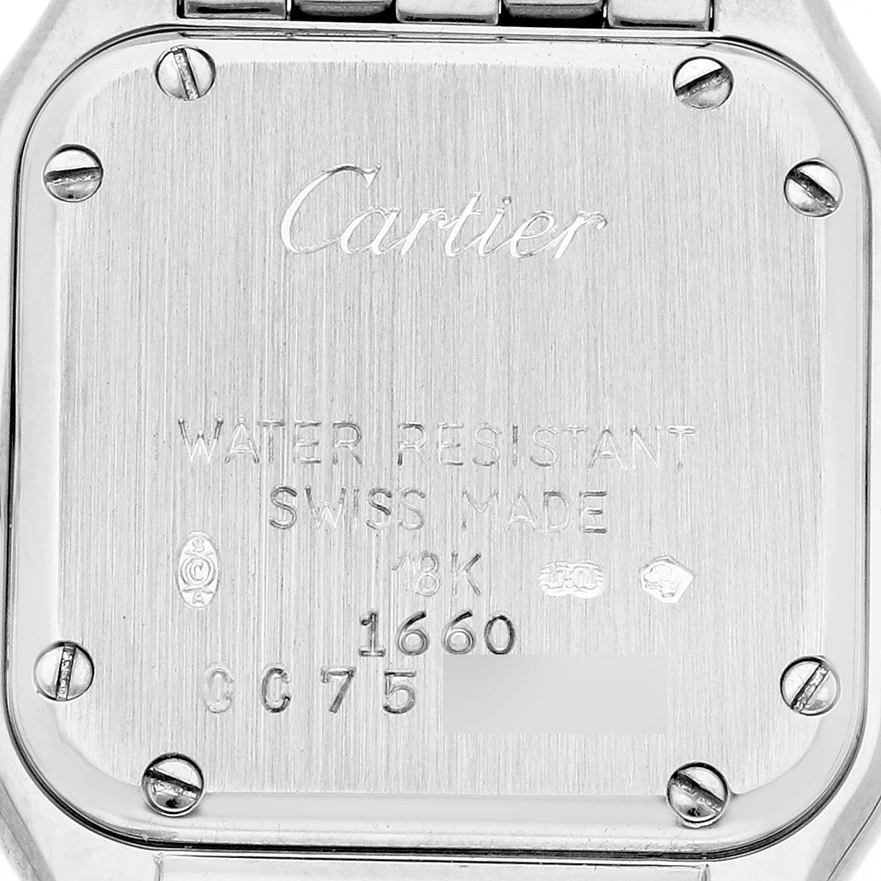 The image shows the back case of a Cartier Panthere W25016F3 Women's White Gold Silver Dial W25016F3 Women's White Gold Silver Dial watch, highlighting engraved details and screws.