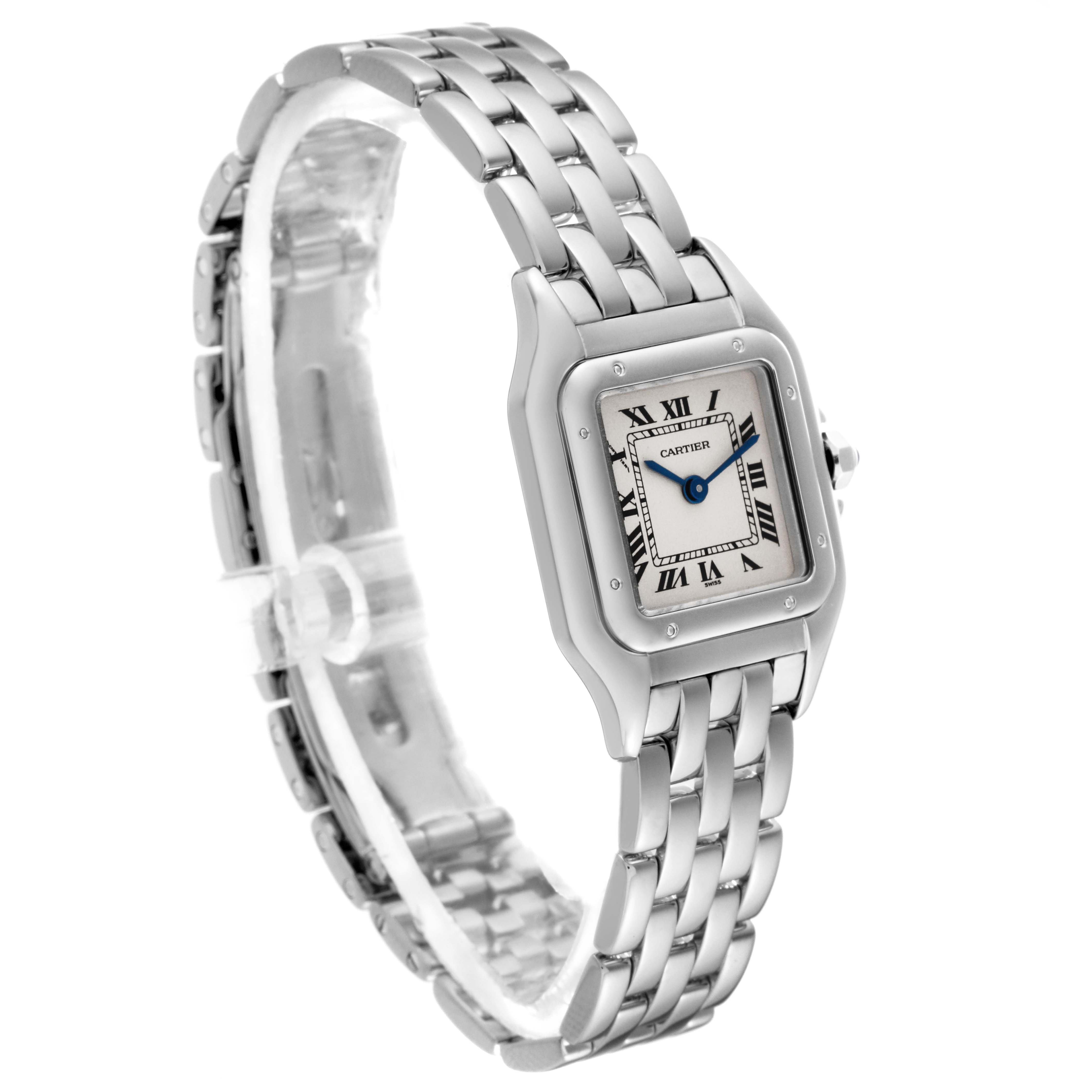 The Cartier Panthere W25016F3 Women's White Gold Silver Dial W25016F3 Women's White Gold Silver Dial model watch is shown at a three-quarter angle, highlighting its face, bezel, and bracelet.