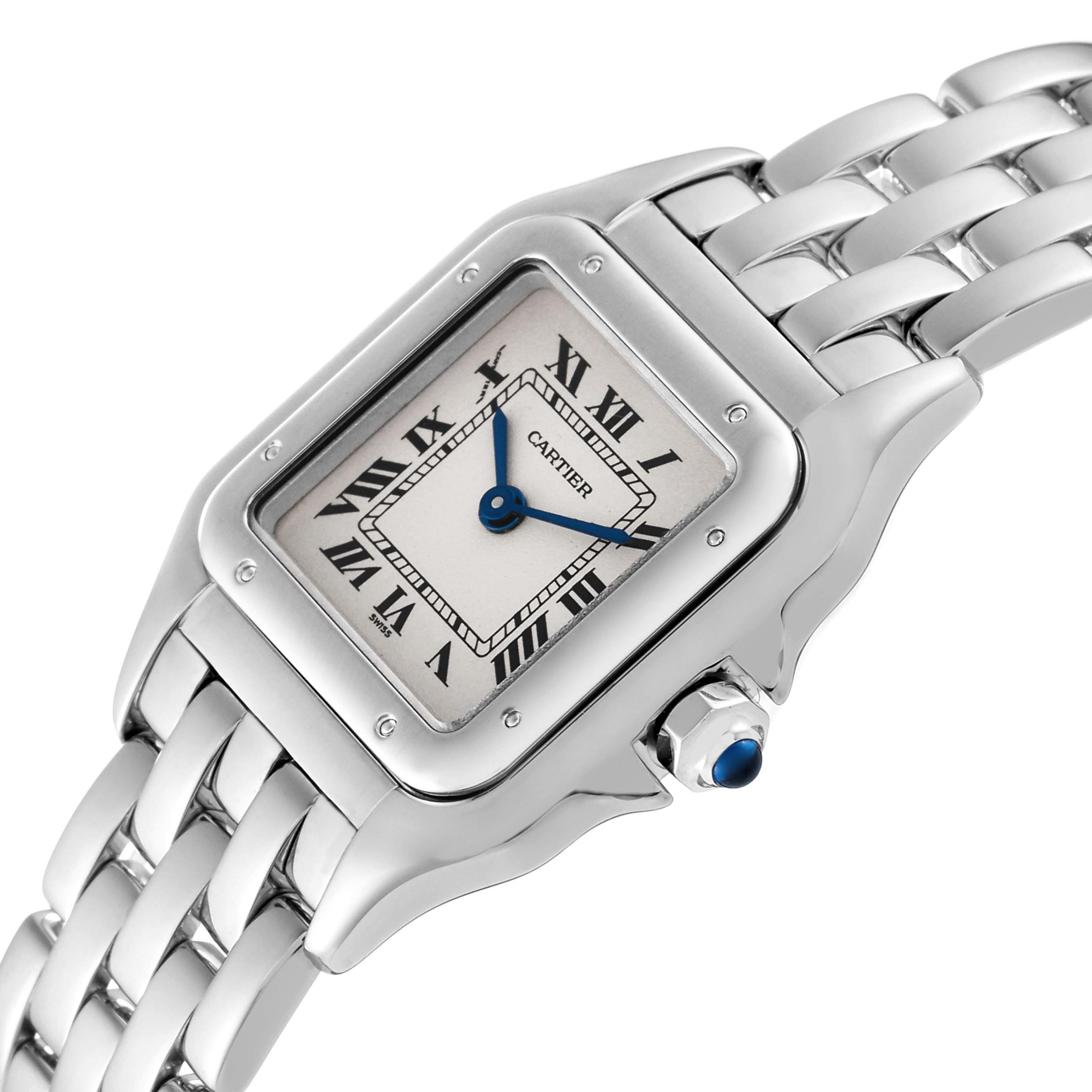 This image shows a close-up angled view of a Cartier Panthere W25016F3 Women's White Gold Silver Dial W25016F3 Women's White Gold Silver Dial watch, highlighting the face, bezel, crown, and bracelet.