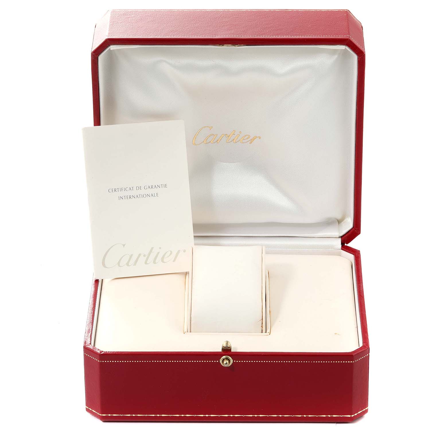 The image shows the open presentation box and warranty card for the Cartier Panthere W25016F3 Women's White Gold Silver Dial W25016F3 Women's White Gold Silver Dial model watch.