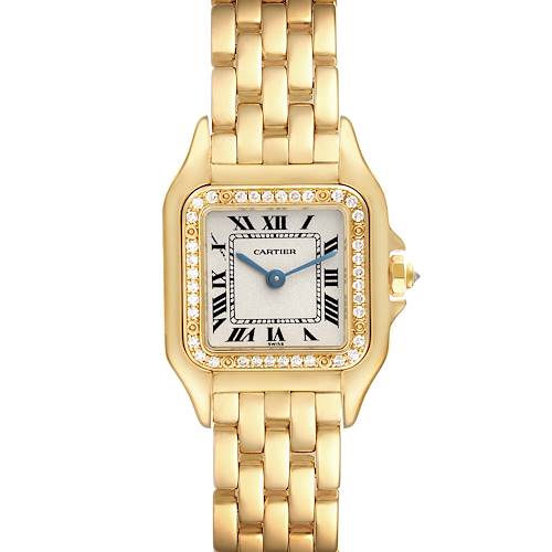The Cartier Panthère watch is shown from a straight-on angle, highlighting its gold case, diamond bezel, Roman numeral dial, and bracelet.
