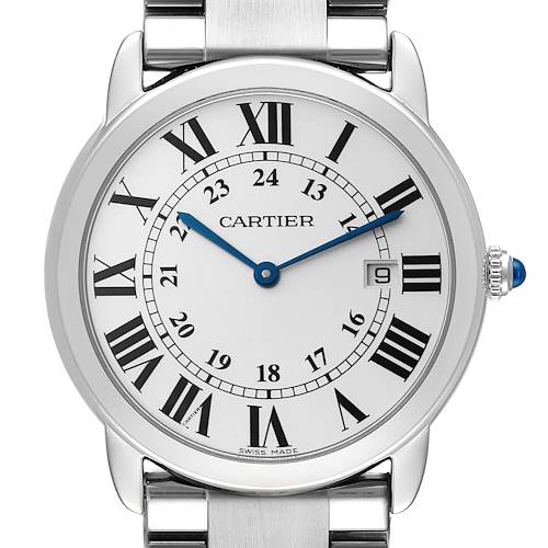 The image shows a front view of the Cartier Ronde W6701005 Men's Stainless Steel Silver Dial W6701005 Men's Stainless Steel Silver Dial watch, displaying its round face, Roman numerals, blue hands, and metal band.