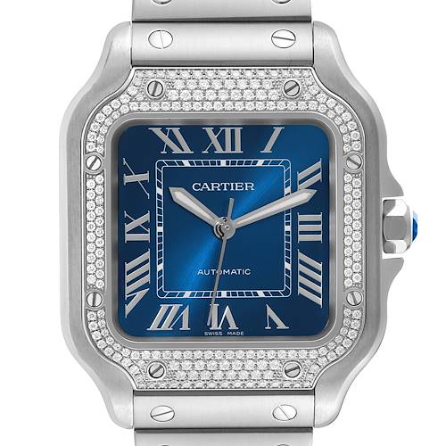 This image shows a close-up of the dial and bezel of the Cartier Santos W4SA0006 Men's Stainless Steel Blue Dial W4SA0006 Men's Stainless Steel Blue Dial watch, featuring a blue face and diamond accents.