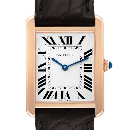 The image shows a close-up, front view of a Cartier Tank Solo W5200025 Men's Rose Gold Silver Dial W5200025 Men's Rose Gold Silver Dial watch, highlighting the face, Roman numerals, hands, and bezel.