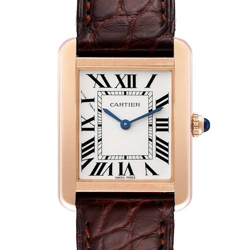 This image shows a Cartier Tank Solo W5200024 Women's Rose Gold Silver Dial W5200024 Women's Rose Gold Silver Dial watch from a front angle, highlighting its face, bezel, and part of its leather strap.