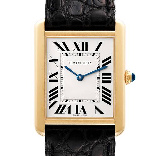 The image shows a front view of a Cartier Tank Solo W1018855 Men's Yellow Gold Silver Dial W1018855 Men's Yellow Gold Silver Dial watch, including the face, crown, and part of the black leather strap.