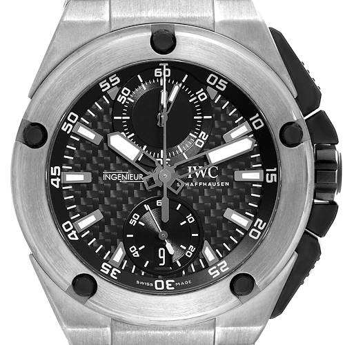 The image shows a front view of the IWC Ingenieur IW379602 Men's Titanium Black Dial IW379602 Men's Titanium Black Dial watch, highlighting its dial and bezel.