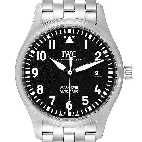 The image shows a front view of an IWC Pilot IW327011 Men's Stainless Steel Black Dial IW327011 Men's Stainless Steel Black Dial Mark XVIII Automatic watch, focusing on the dial, case, and part of the bracelet.