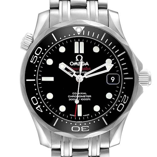 The Omega Seamaster 212.30.36.20.01.002 Men's Stainless Steel Black Dial 212.30.36.20.01.002 Men's Stainless Steel Black Dial watch is shown from a front angle, displaying its dial, bezel, hands, and part of the bracelet.