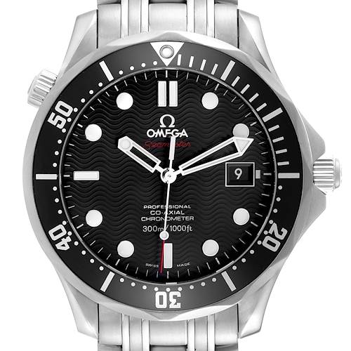 The Omega Seamaster 212.30.41.20.01.002 Men's Stainless Steel Black Dial 212.30.41.20.01.002 Men's Stainless Steel Black Dial watch is shown from a frontal angle, highlighting the face, bezel, crown, and part of the bracelet.