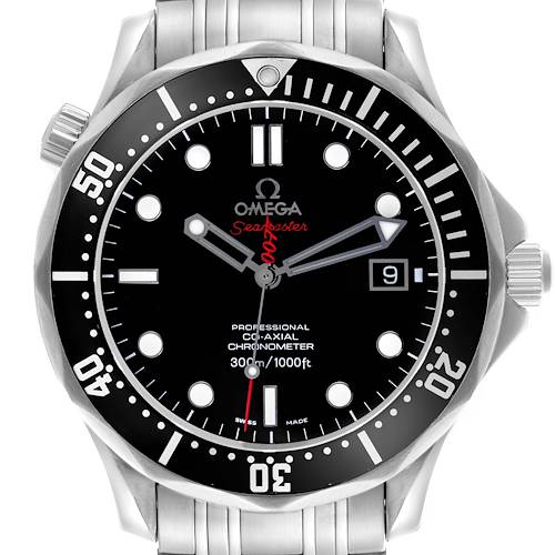 The Omega Seamaster 212.30.41.20.01.001 Men's Stainless Steel Black Dial 212.30.41.20.01.001 Men's Stainless Steel Black Dial watch is shown from the front, highlighting the bezel, dial, and bracelet.