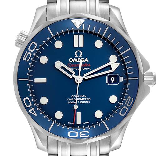 The Omega Seamaster 212.30.41.20.03.001 Men's Stainless Steel Blue Dial 212.30.41.20.03.001 Men's Stainless Steel Blue Dial is shown from a front angle, detailing its blue dial, indices, bezel, and part of the stainless steel bracelet.