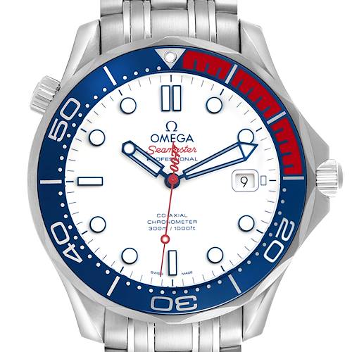 The Omega Seamaster 212.32.41.20.04.001 Men's Stainless Steel White Dial 212.32.41.20.04.001 Men's Stainless Steel White Dial watch is shown from the front, highlighting the dial, bezel, and bracelet.