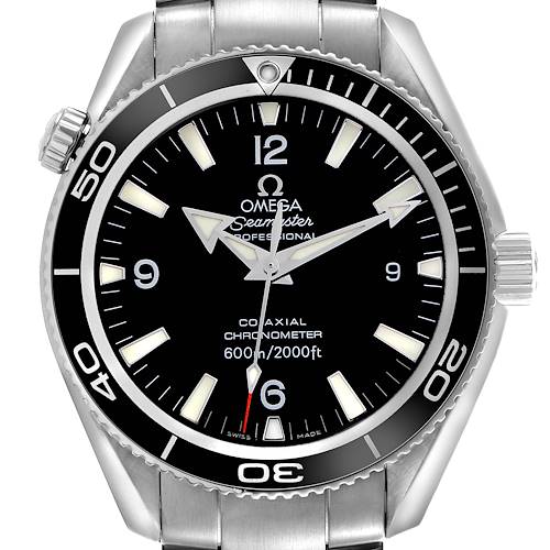 The Omega Planet Ocean 2901.50.91 Men's Stainless Steel Black Dial 2901.50.91 Men's Stainless Steel Black Dial watch is shown from a front angle, highlighting the dial, bezel, and crown.