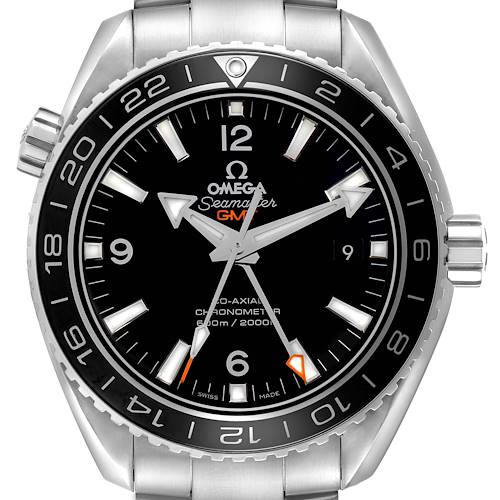 The Omega Planet Ocean 232.30.44.22.01.001 Men's Stainless Steel Black Dial 232.30.44.22.01.001 Men's Stainless Steel Black Dial watch is shown from a front angle, highlighting the face, bezel, crown, and part of the bracelet.
