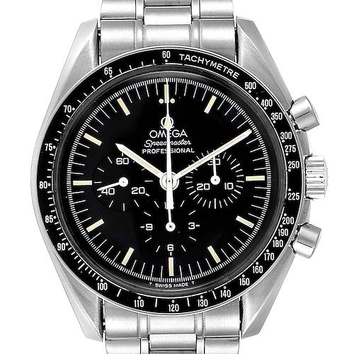 The image shows a front view of the Omega Speedmaster 3590.50.00 Men's Stainless Steel Black Dial 3590.50.00 Men's Stainless Steel Black Dial watch, displaying its face, bezel, and stainless steel bracelet.