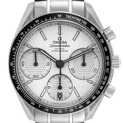 This image shows a frontal view of the Omega Speedmaster 326.30.40.50.02.001 Men's Stainless Steel Silver Dial 326.30.40.50.02.001 Men's Stainless Steel Silver Dial Co-Axial Chronometer watch face, highlighting its dials and tachymeter.