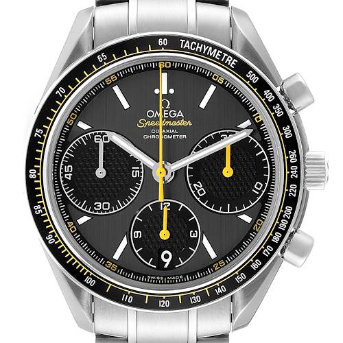 The Omega Speedmaster 326.30.40.50.06.001 Men's Stainless Steel Grey Dial 326.30.40.50.06.001 Men's Stainless Steel Grey Dial watch is shown from a full-frontal angle, highlighting the dial, sub-dials, tachymeter, and pushers.