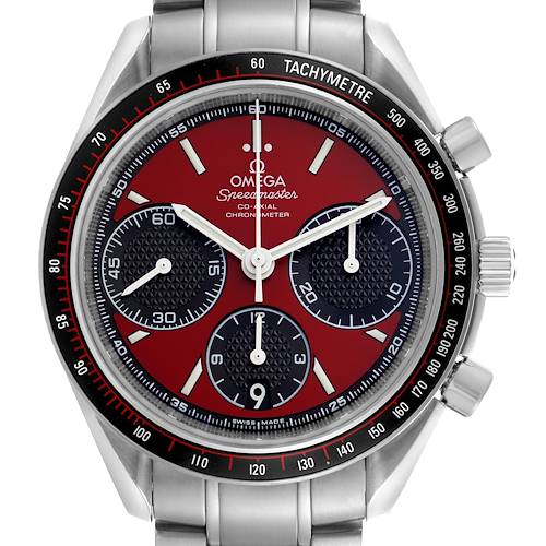 The Omega Speedmaster 326.30.40.50.11.001 Men's Stainless Steel Red Dial 326.30.40.50.11.001 Men's Stainless Steel Red Dial watch is shown from a front angle, highlighting its dial, subdials, bezel, crown, and pushers.
