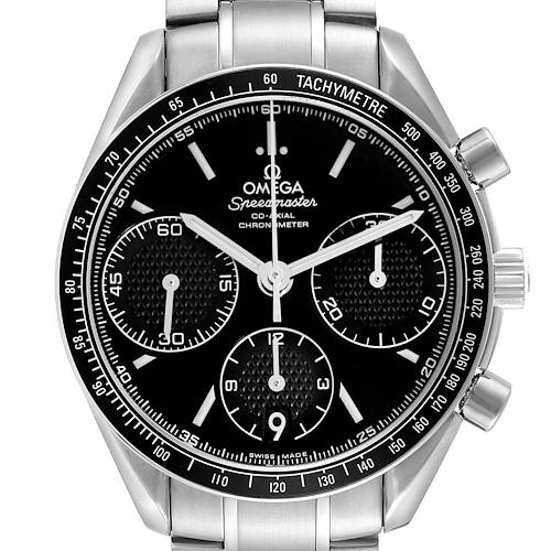 The Omega Speedmaster 326.30.40.50.01.001 Men's Stainless Steel Black Dial 326.30.40.50.01.001 Men's Stainless Steel Black Dial watch is shown from the front, highlighting the dial, subdials, tachymeter bezel, and side pushers.