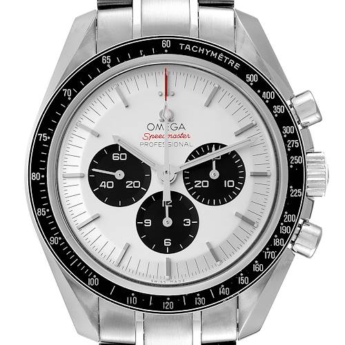 This image shows the front view of an Omega Speedmaster 522.30.42.30.04.001 Men's Stainless Steel White Dial 522.30.42.30.04.001 Men's Stainless Steel White Dial watch, featuring its dial, chronograph subdials, and bracelet.