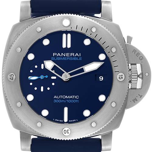 The image shows a frontal view of the Panerai Submersible PAM00692 Men's Titanium Blue Dial PAM00692 Men's Titanium Blue Dial watch, highlighting the dial, bezel, and crown guard.