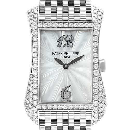 This is a front view of a Patek Philippe Gondolo 4972/1G-001 Women's White Gold Mother of Pearl Dial 4972/1G-001 Women's White Gold Mother of Pearl Dial watch, showcasing its face and partial bracelet adorned with diamonds.